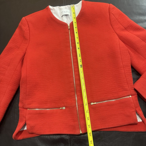 Sandro Women's Coral Red Colarless Blazer Jacket Size:40(US:M) Lined Pockets Zip - Picture 6 of 16